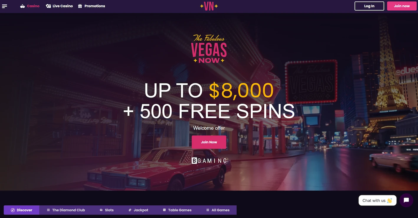 VegasNow casino page featuring welcome offer and site navigation