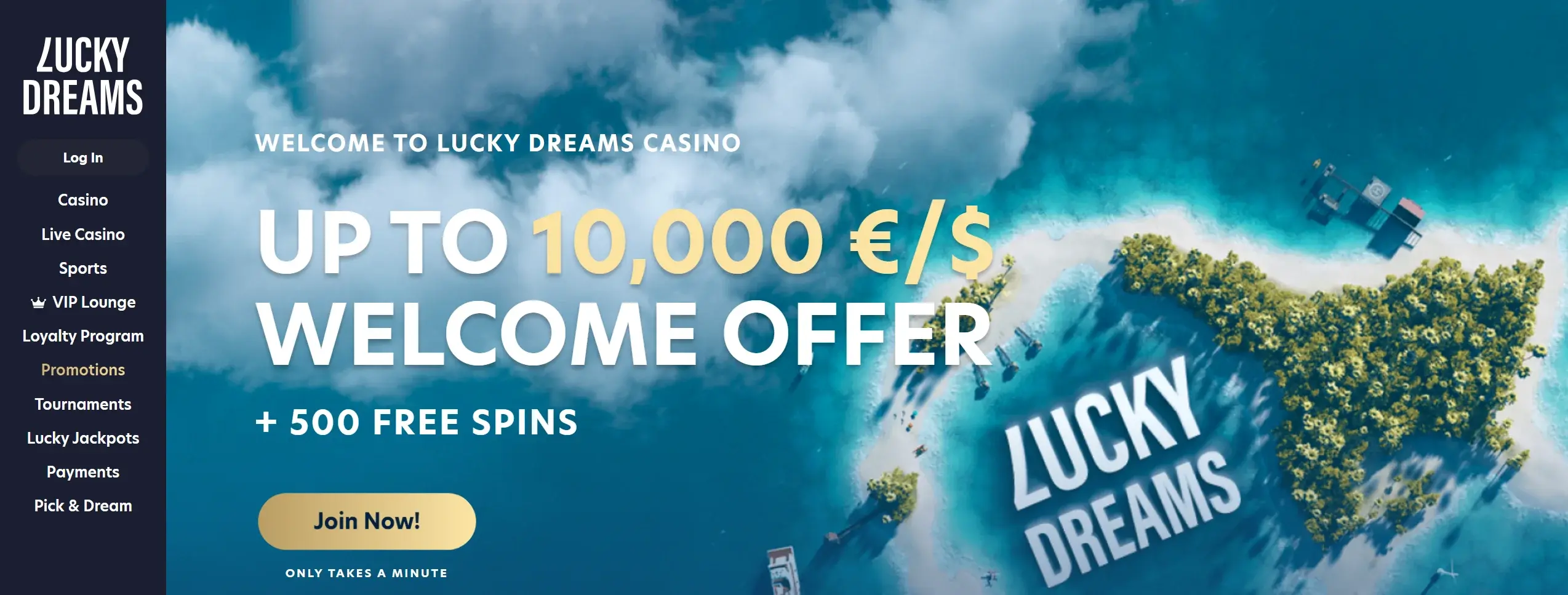 Lucky Dreams casino page featuring welcome offer and site navigation