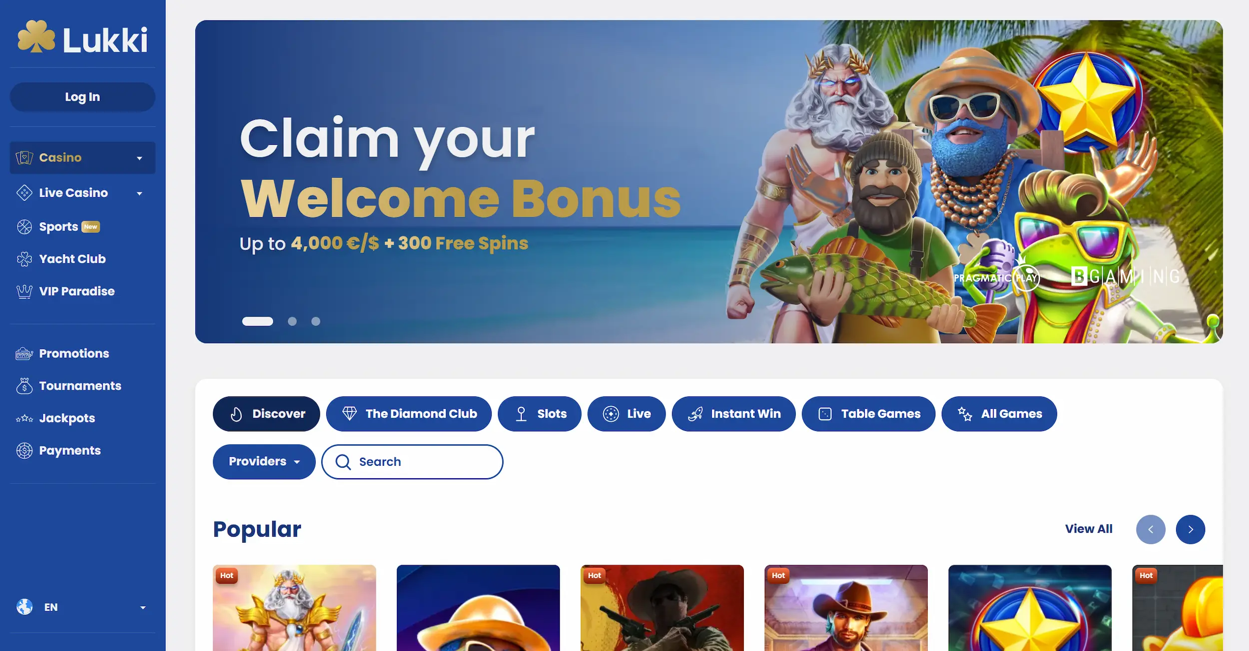 Lukki casino page featuring welcome bonus offer, selection of popular online pokies and site navigation